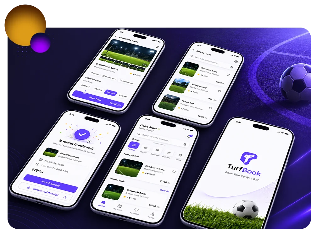 Turf booking app screens on multiple phones showing venue search, booking, and confirmation