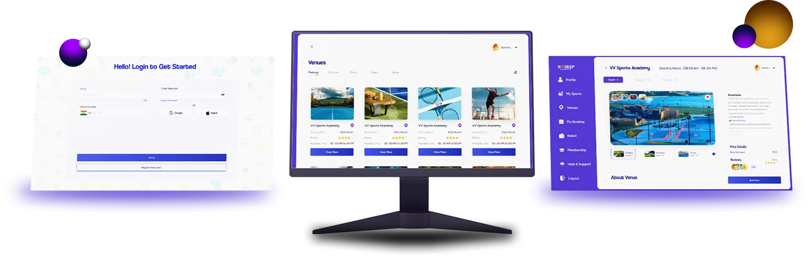 Turf booking app screens on login, venue listing, and venue detail views